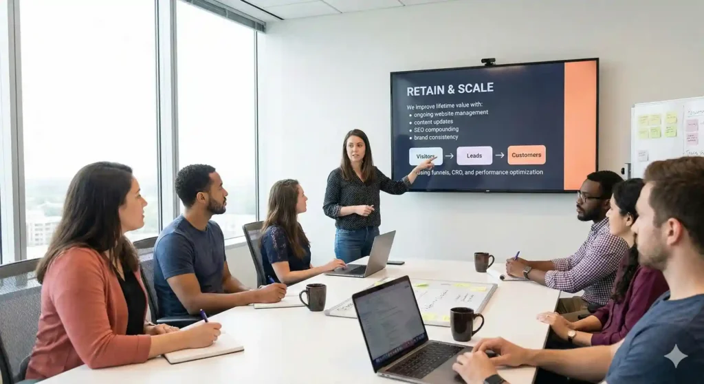 team meeting discussing retail and scale on board